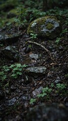 Fototapeta premium Lush forest ground after rain featuring damp soil rocks and vibrant moss Ideal for nature backgrounds