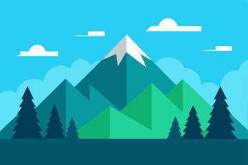 Naklejka premium Simple Flat Design Landscape with Mountains and Green Trees in Ultra HD Vector Illustration Background