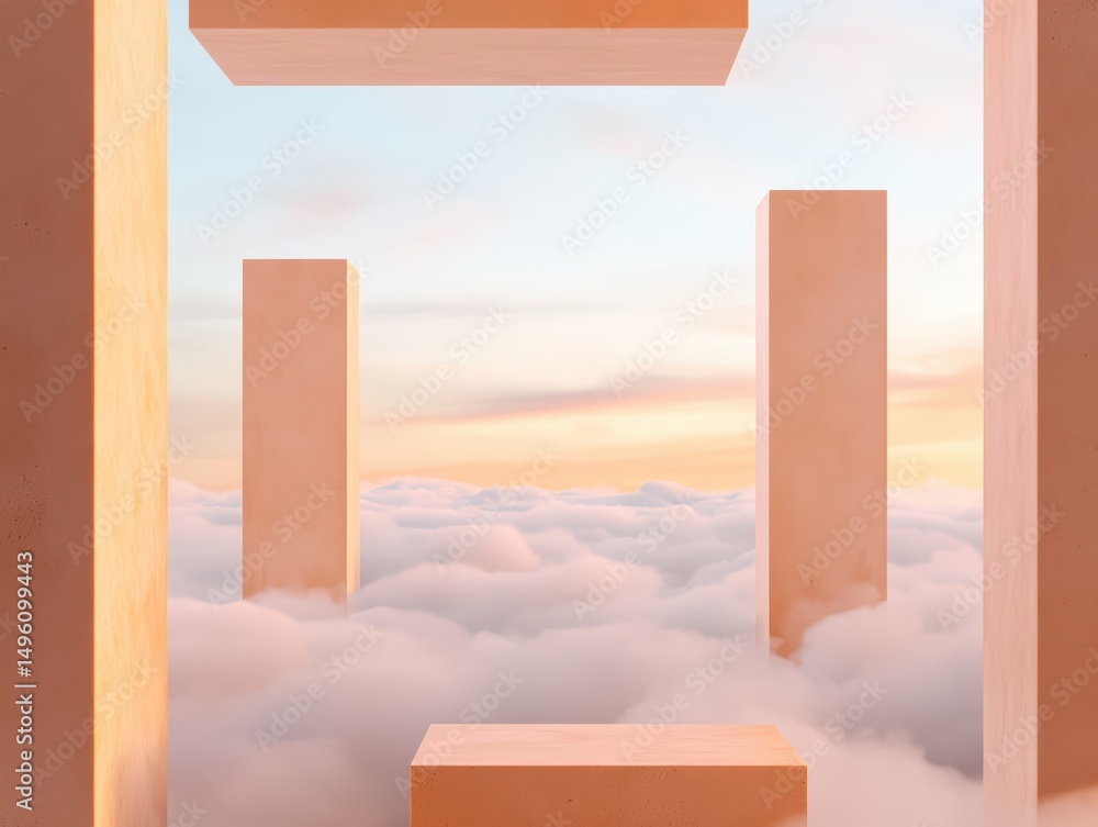Poster abstract architectural composition with rectangular shapes against a dreamy cloudy sky at sunrise