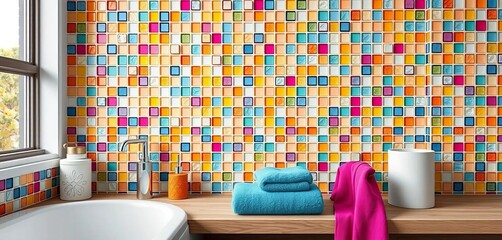 Vibrant mosaic tile backsplash, colorful towels, modern bathroom accessories,  hygiene,  toiletries