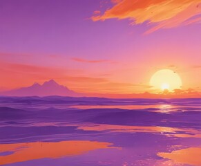 Abstract watercolor sunset, purple and orange tones, fluid and dynamic ,  atmospheric,  dreamy,  painting