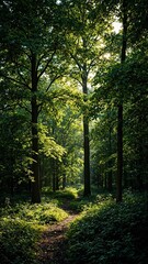 Obraz premium Lush forest floor bathed in dappled sunlight from intricate layers of tree canopy shadows Serene nature pattern