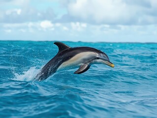 Obraz premium Dolphin Leaping Out of Turquoise Water with Clouds in Bright Blue Sky