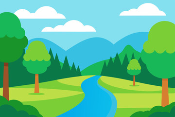Obraz premium Peaceful Riverside Scene in Lush Summer Forest Vector Illustration Background