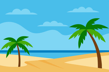 Obraz premium Idyllic Summer Beach with Swaying Palm Trees and Clear Blue Sky Vector Illustration Background