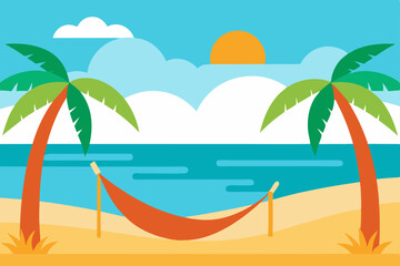Obraz premium Serene Peaceful Tropical Beach with Hammock Hanging Between Palm Trees Vector Illustration Background