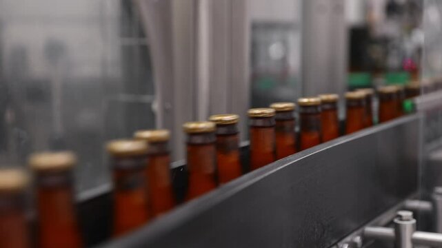 Automated beer bottling process in modern brewery production line pasteurization process.