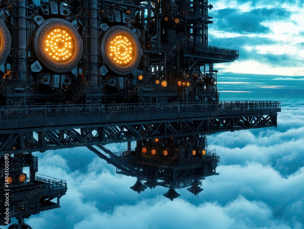Poster futuristic industrial structure floating above clouds with illuminated elements and dramatic sky bac
