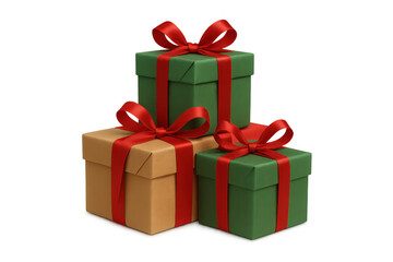 Fototapeta premium Three gift boxes with red ribbons are stacked, creating a festive holiday scene, perfect for christmas projects