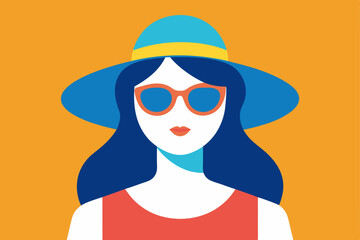 Stylish Summer Woman with Sunglasses and Wide Brim Hat Vector Illustration Background