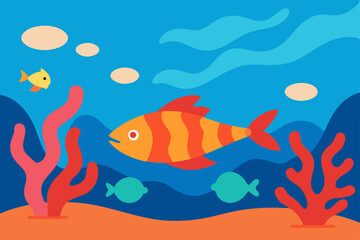Naklejka premium Vibrant Underwater Summer Life Scene with Colorful Fish and Coral Reef Vector Illustration Background