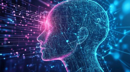 Abstract Digital Head Profile Futuristic Network Technology Artificial Intelligence Brain Neural Network Lines Pink Blue Data Stream Innovation Concept Design Background 