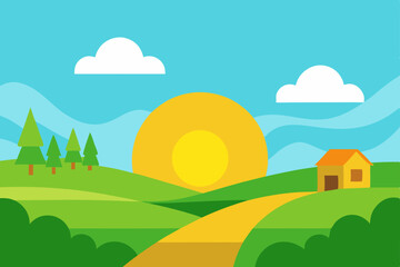 Picturesque Sunny Countryside Landscape Wallpaper Vector Illustration Background