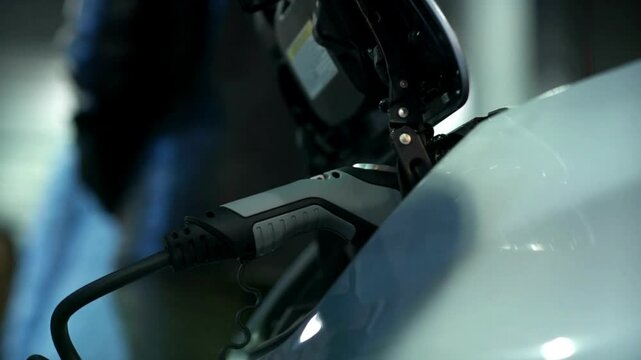 Electrical car recharging Modern electric car charging at the charger station, Electrical nozzle is inserted into an electrocar