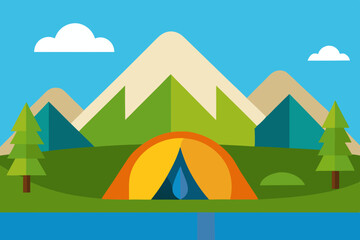 Peaceful Summer Camping Scene with Tent by the Calm Lake Vector Illustration Background