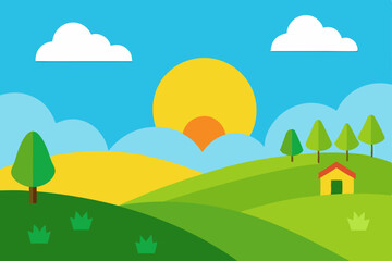Picturesque Sunny Countryside Landscape Wallpaper Vector Illustration Background