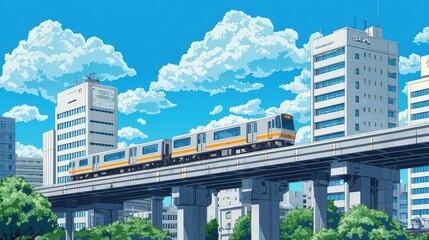 Bright Daytime Scene with High-Speed Train Passing Over Elevated Track Amidst Urban Cityscape and Blue Sky