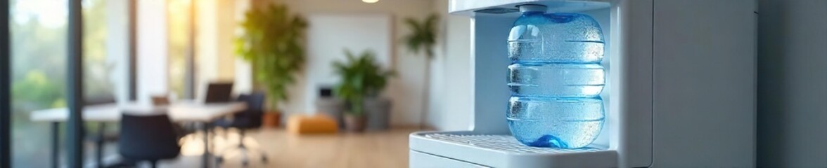 A modern office water cooler dispenser with a fresh, full water bottle Clean, sleek design perfect for a healthy workplace Provides cool, refreshing hydration , healthy lifestyle, design, cool