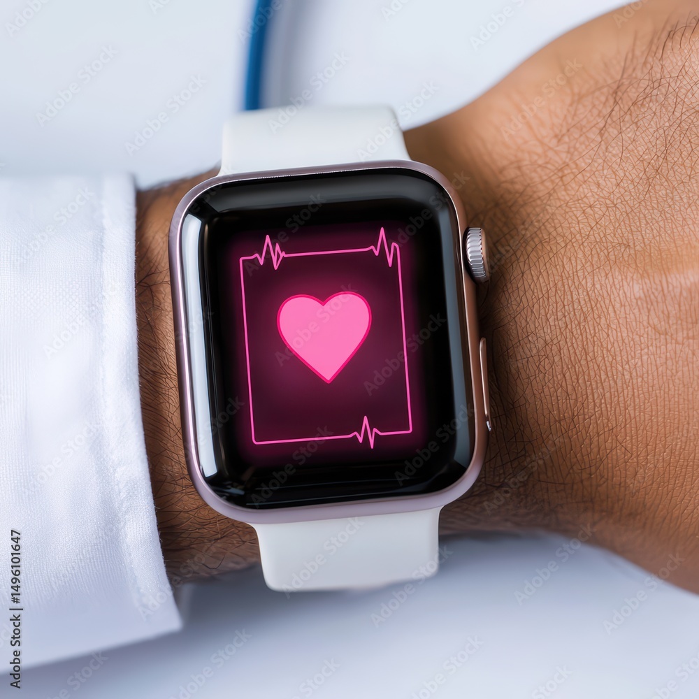 Poster heart rate monitor display on smartwatch with pulse graph on white strap wrist