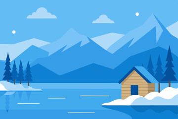 Serene Frozen Lake with Cozy Cabin in Winter Ultra HD Wallpaper Vector Illustration Background