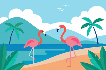 Elegant Flamingos Standing on a Beautiful Tropical Shore Vector Illustration Background