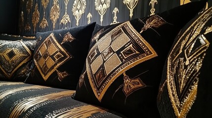 Ornate black and gold embroidered cushions on a patterned couch.