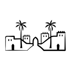 Outline of traditional Maghreb architecture with palm trees  