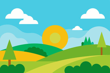 Obraz premium Picturesque Sunny Countryside Landscape Wallpaper Vector Illustration Background