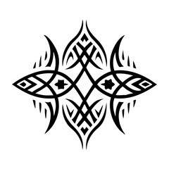 Tribal tattoo design with symmetrical patterns in black ink  