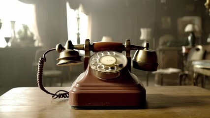 An old fashioned rotary telephone in the center of a vintage living room with soft light and nostalgic decor. Antique phone sitting on wooden table.