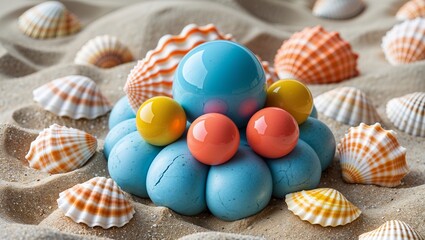 Obraz premium colorful balls in pile form lying on beach with shells