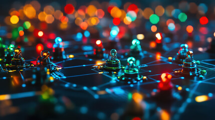 Digital Data: A macro shot showcasing intricate digital circuit patterns adorned with a multitude of vibrant, colorful LED lights and studs, creating a captivating visual representation of technology.