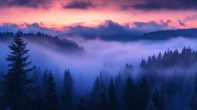 Amazing mystical rising fog forest trees landscape in black forest blackforest ( Schwarzwald ) Germany panorama banner