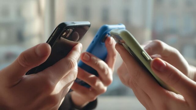 Close-up people using smartphones indoors, showcasing modern digital communication and technology interaction in everyday life.