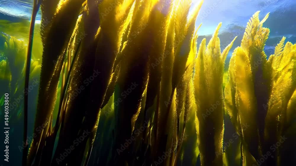 Poster sunlight filters through dense kelp forest underwater, creating dramatic light rays and shadows with