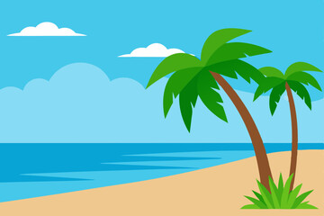 Obraz premium Tropical Summer Beach with Lush Palm Trees and Clear Blue Sky Vector illustration Background