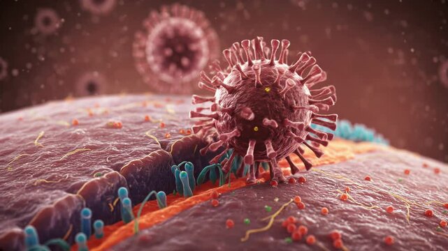 
3D animation depicting multiple coronavirus particles on a ciliated epithelial cell surface. The camera slowly zooms out, revealing a broader view of the infected cellular landscape.