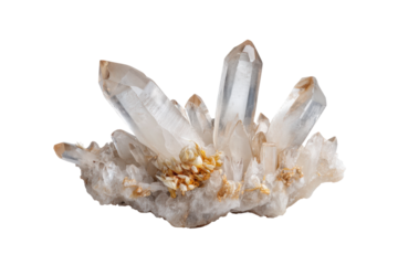 PNG Clear quartz crystal cluster with golden accents on black background