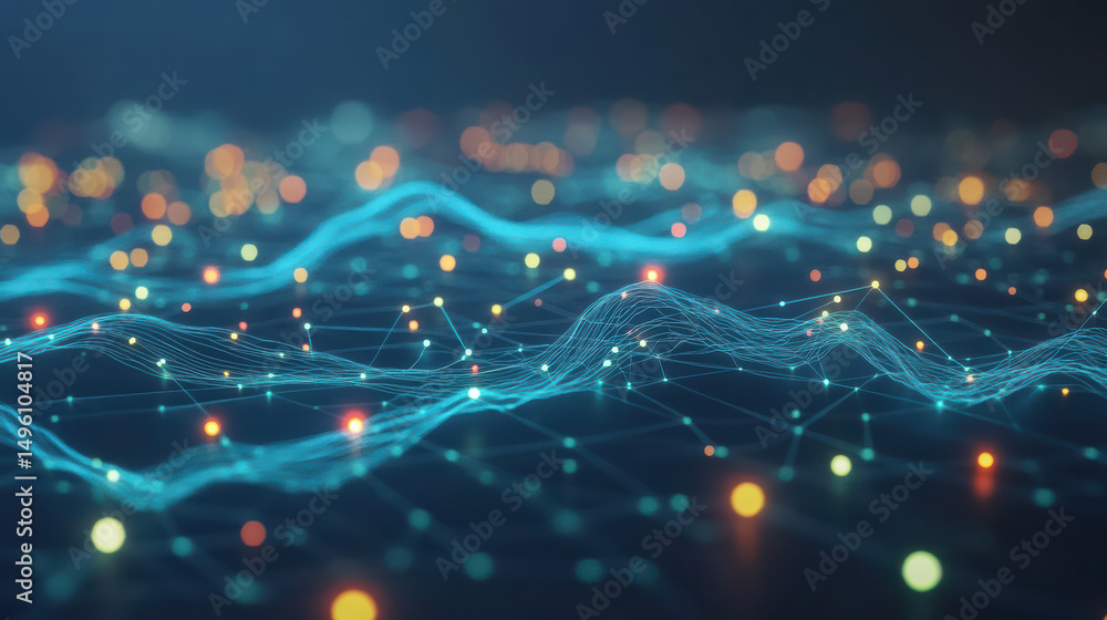 Poster digital data flow: abstract visualization of interconnected data points and digital connections, por