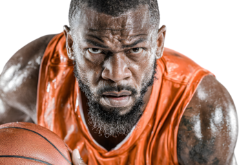 Intense Closeup of a Sweaty Athlete Holding a Basketball