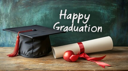 Graduation cap and diploma on wooden table.