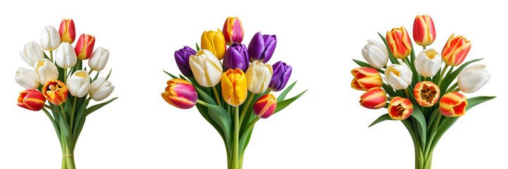 Set of various tulip bouquets isolated on transparent background