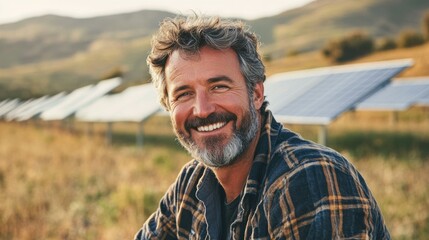 A ruggedly handsome man in his 40s with a salt-and-pepper beard and a warm smile is standing in front of a field of solar panels