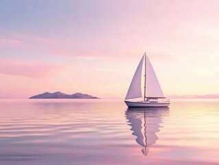Fototapeta premium Serene Sunset Sailboat on Calm Waters with Reflection and Pastel Skies Over Tranquil Island Landscape