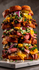 A super burger, huge, with lots of layers, rich, greasy, crispy, delicious, tasty, and spicy.