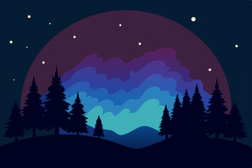 Fototapeta premium Mysterious Cosmic Sky with Dark Forest Silhouette Vector Illustration Background