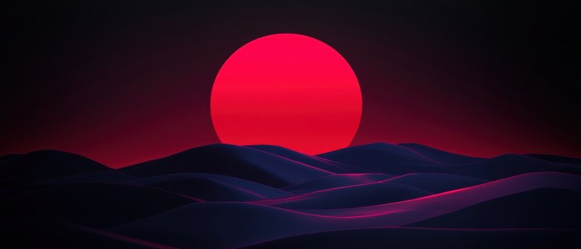 A digital art piece featuring a large, bright red circle in the center of a dark, mountainous landscape.