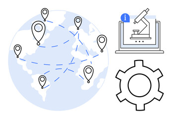 Fototapeta premium Geographic markers linked across the globe, research microscope on a laptop, and gear icon. Ideal for global collaboration, science, technology, networking, data sharing, research simple landing