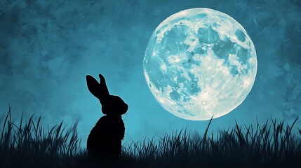 Silhouette of a rabbit at night under a large moon.