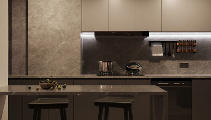 A modern kitchen showcases its elements under soft white lighting, creating a sophisticated and warm atmosphere